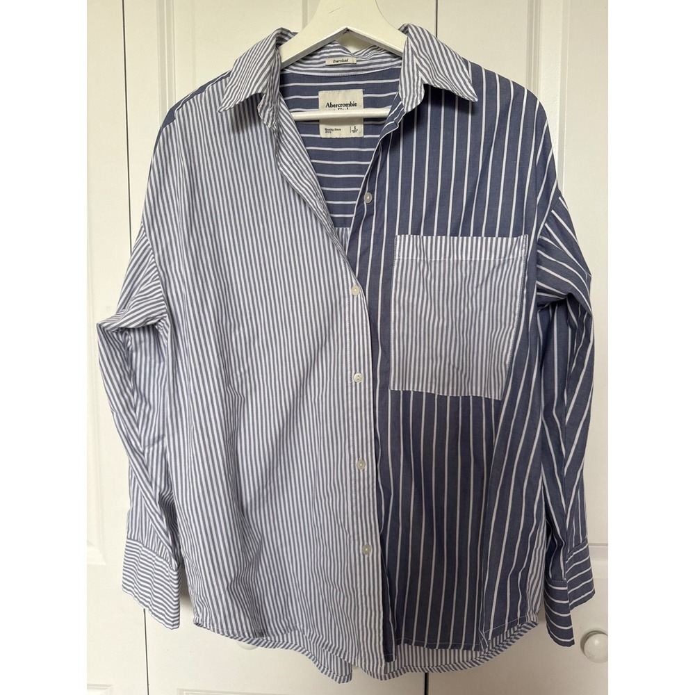 Abercrombie & Fitch Oversized Mixed Stripe Button Down Shirt Blue White S